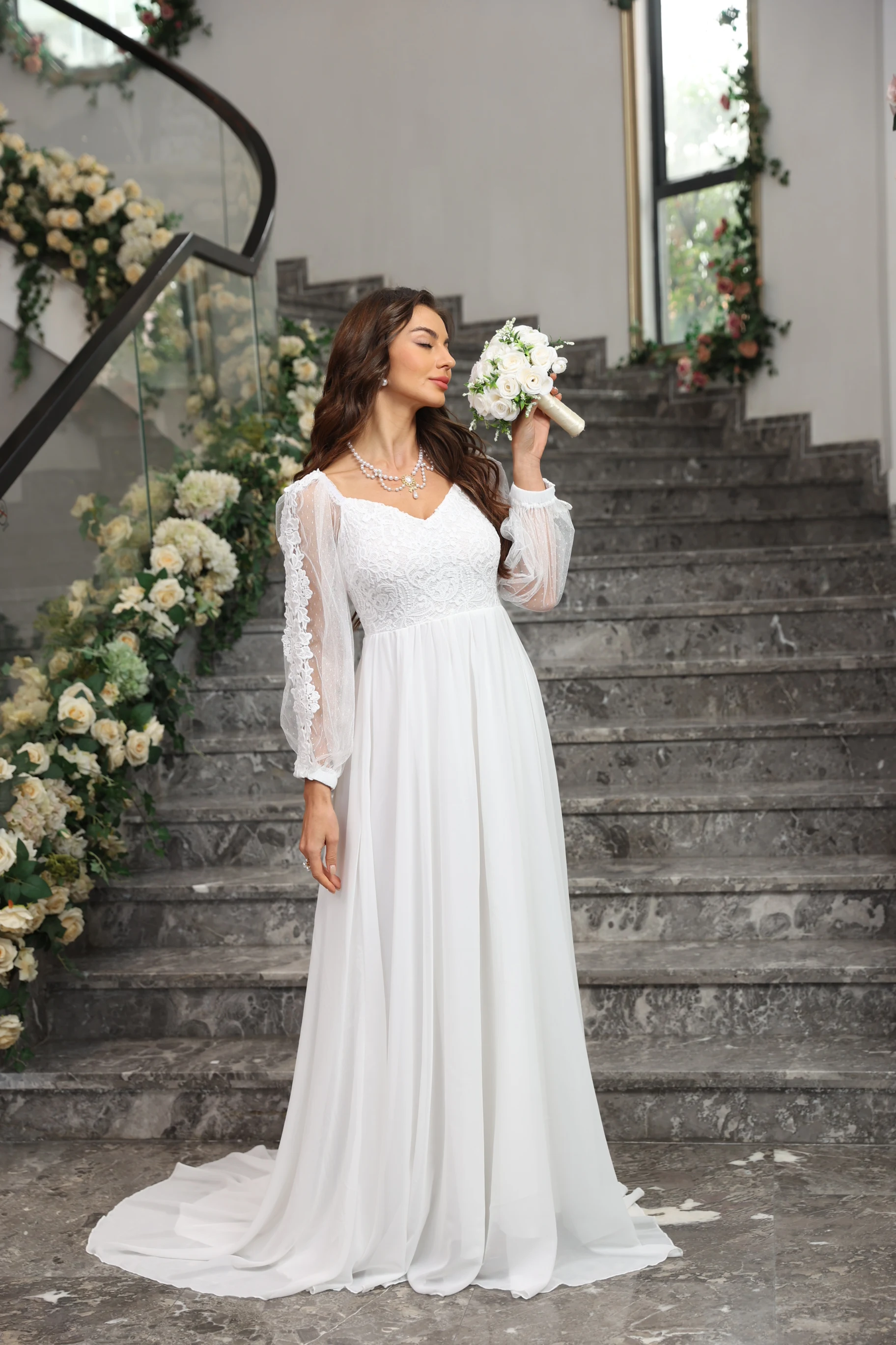 Elegant Ladies Bridal Wedding Dress Long Sleeve Wedding Dress Women's Luxury Party Dress Open Strap Evening Dress Woman 2024