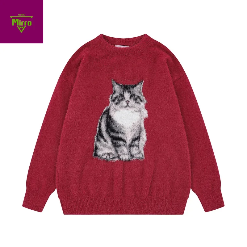 

Unisex Mink Fur Knitted Pullover Hand Drawn Cat Graphic Printed Oversized Sweater Fall Winter Fashion Couple Knitwears