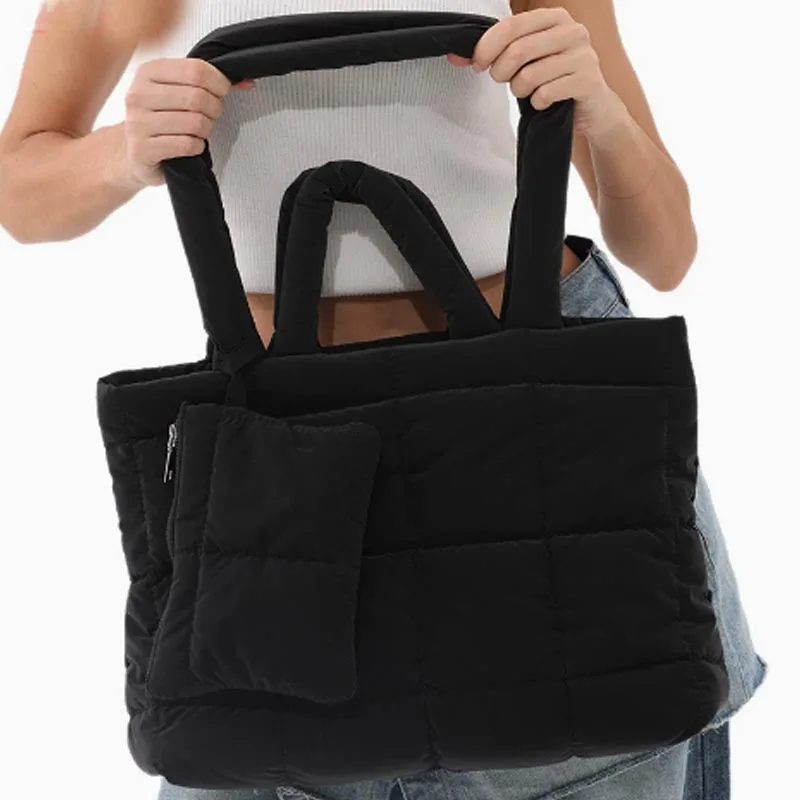 Bolso de mano de algodón con rejilla de diamante de gran capacidad, bolso de algodón espacial para mujer, bolso nube de algodón, bolso de hombro