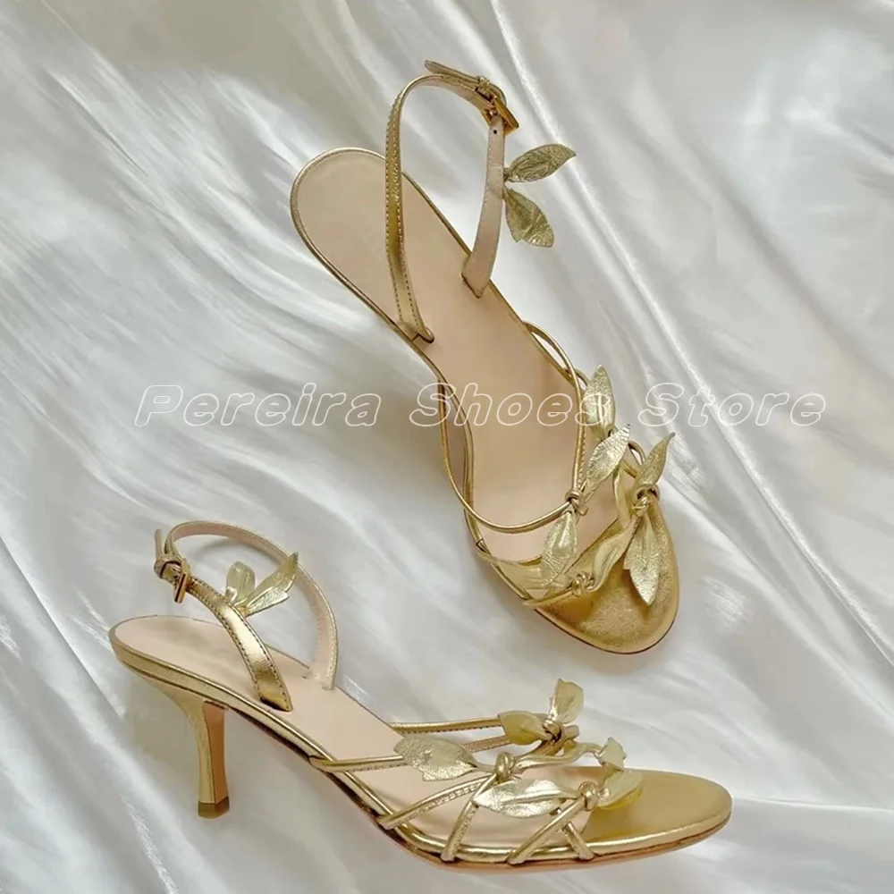 

Golden Petal Retro Sandals Open Toe Leather Vintage Women Shoes Spring 2023 High Heels Fairy Roman Sandals Summer New Trend