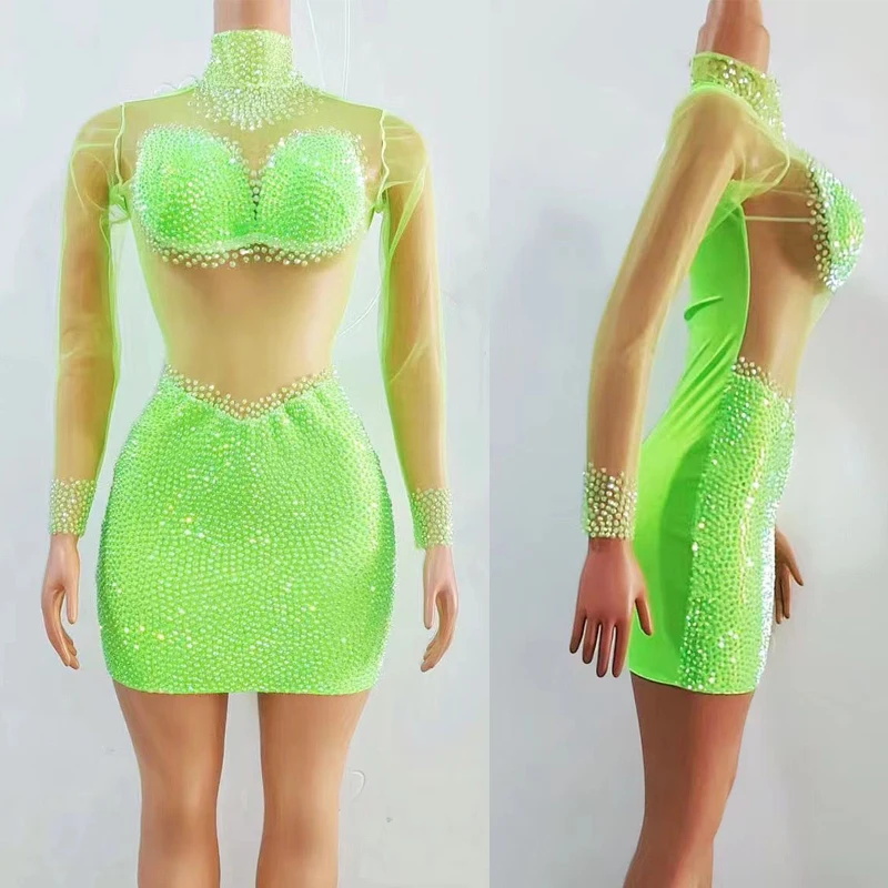 

Женское зеленое строженное платье, сексуальное Сетчатое платье с рукавами, вечерние платья, костюм для празднования дня рождения, сценический костюм XS6740