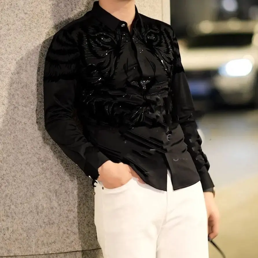 Spring and Autumn New Men Flocked Lapel Shirts Trendy Fashionable and Casual Men Shirt Slong-sleeved and Versatile Shirts