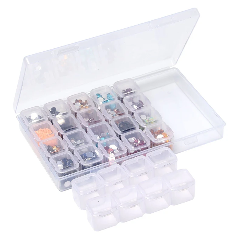 28 kits de pintura de diamantes de rejillas, caja de almacenamiento de plástico para decoración de uñas, herramientas de diamantes de imitación, caja de almacenamiento de cuentas, kit de soporte organizador GYH