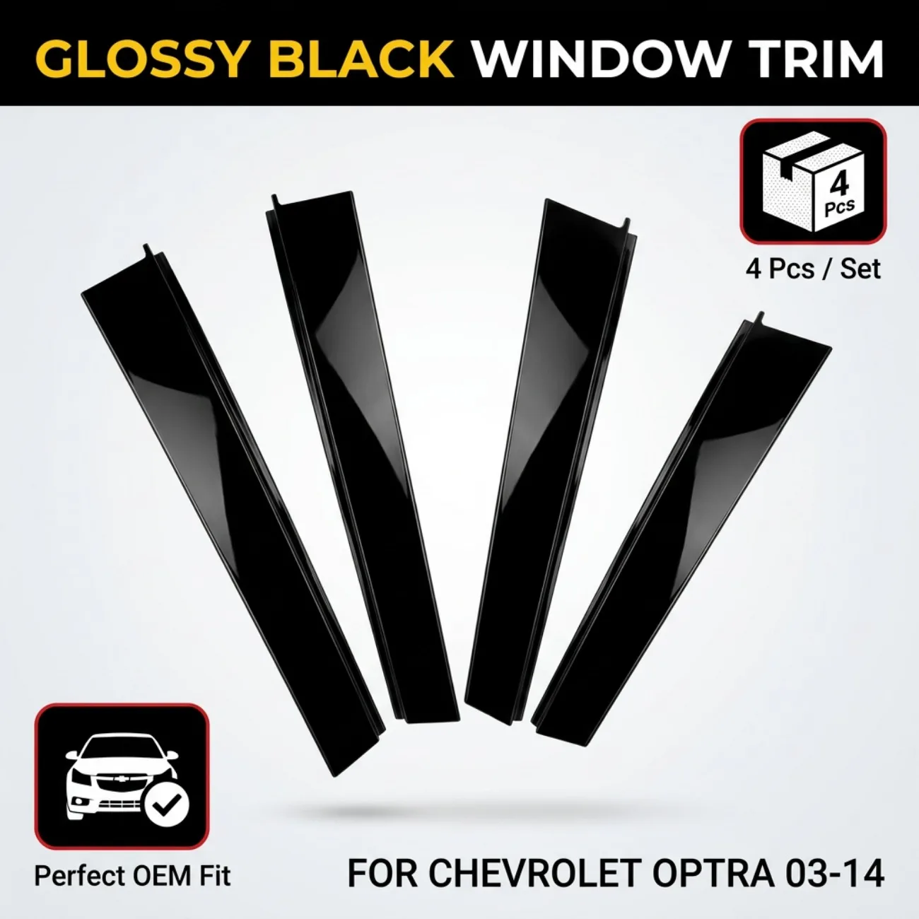 4PCS 96548177 Door Window Trim Cover Panel For Chevrolet Optra 2003 -2014 96548178 96548098 96548099 Gloss Black