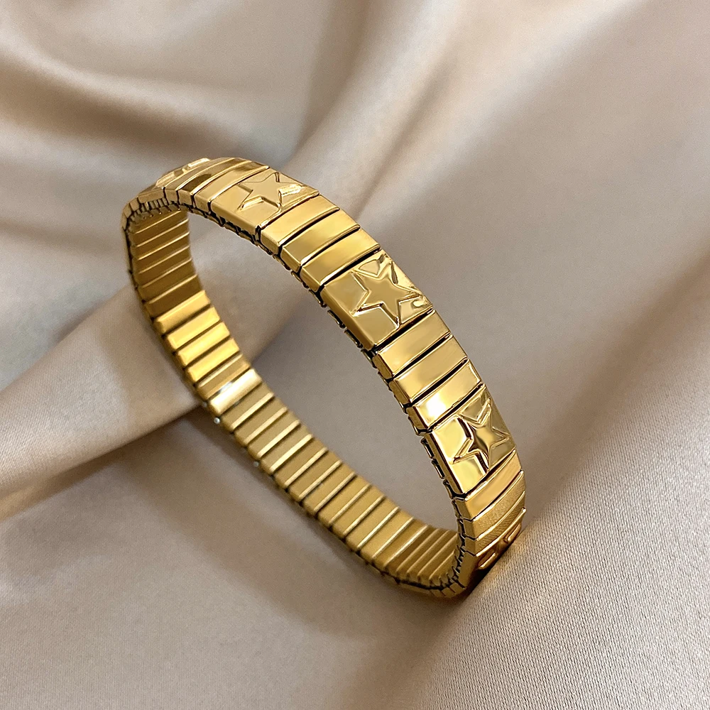 Vintage italienischer Charme elastische Edelstahl Sternmuster Armband Armreifen für Frauen Männer Armband Gliederkette verstellbar – Detail 5