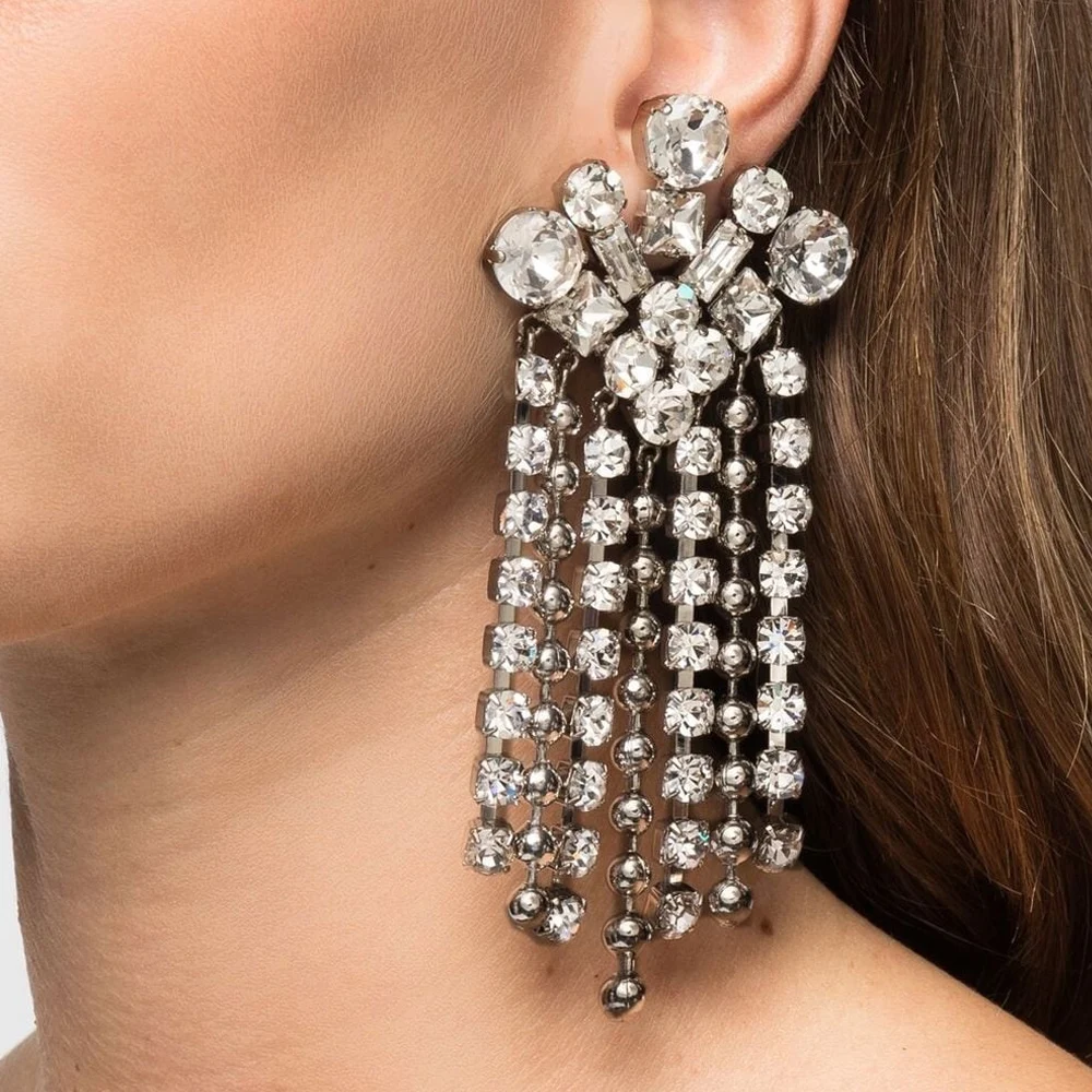 Stonefans Elegant Crystal Tassel Clip Earrings No Piercing for Women 2023 Wedding Jewelry Geometry Ear Clip Earrings Party Gift