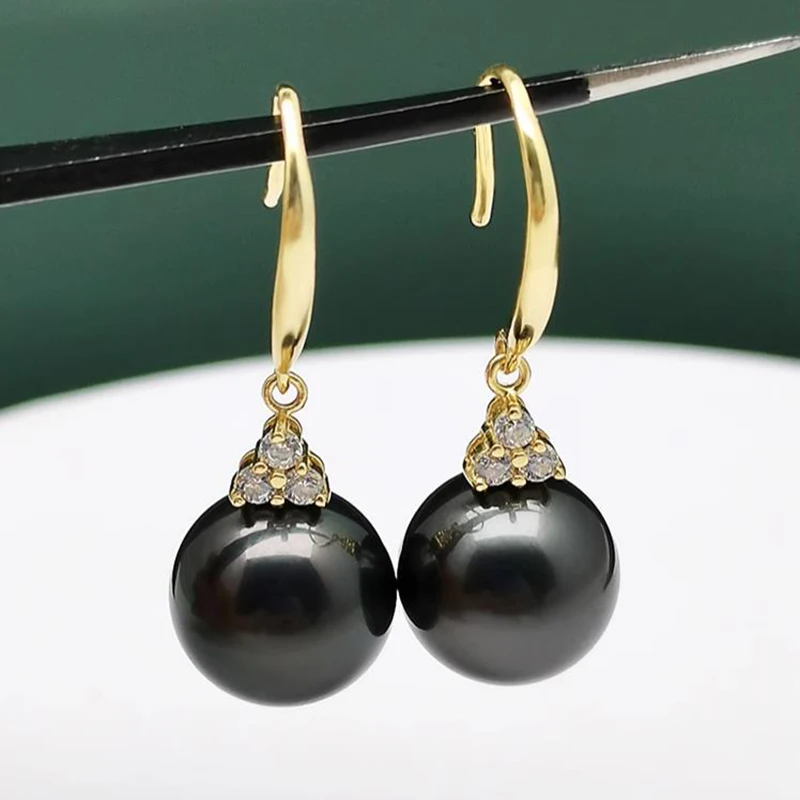 

Beautiful Wedding 18K Real Gold Natural Black Tahiti Pearl Earrings For Women Anniversary Gift