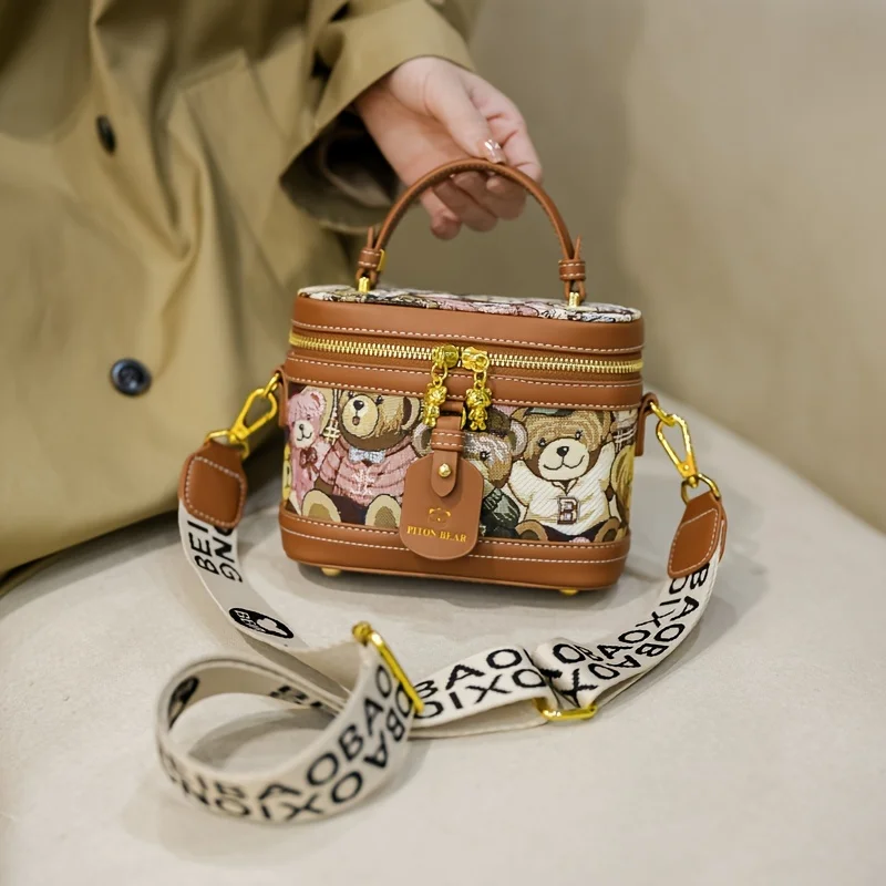 2024 New Cute Bear Pattern Bucket Bag, Cartoon Mini Box Handbag, Women Wide Strap Crossbody Bag Purse