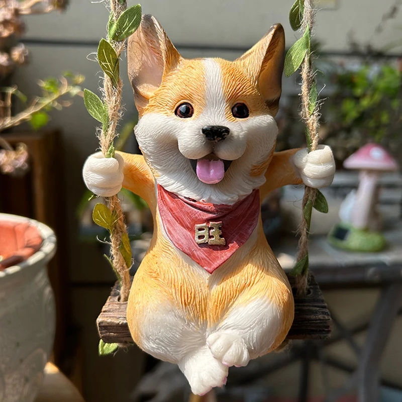 Columpio de 15x10CM para cachorro Corgi, adorno bonito para jardín, estatua colgante para exteriores, decoración de Patio, manualidades