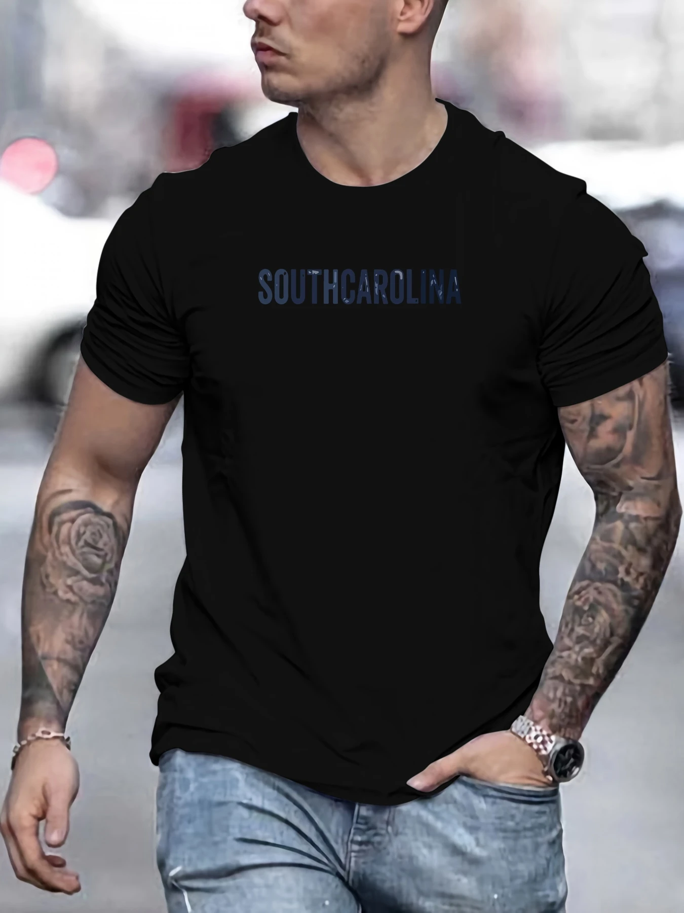 

Men's South Carolina lettering pattern summer casual crew neck short T-shirt