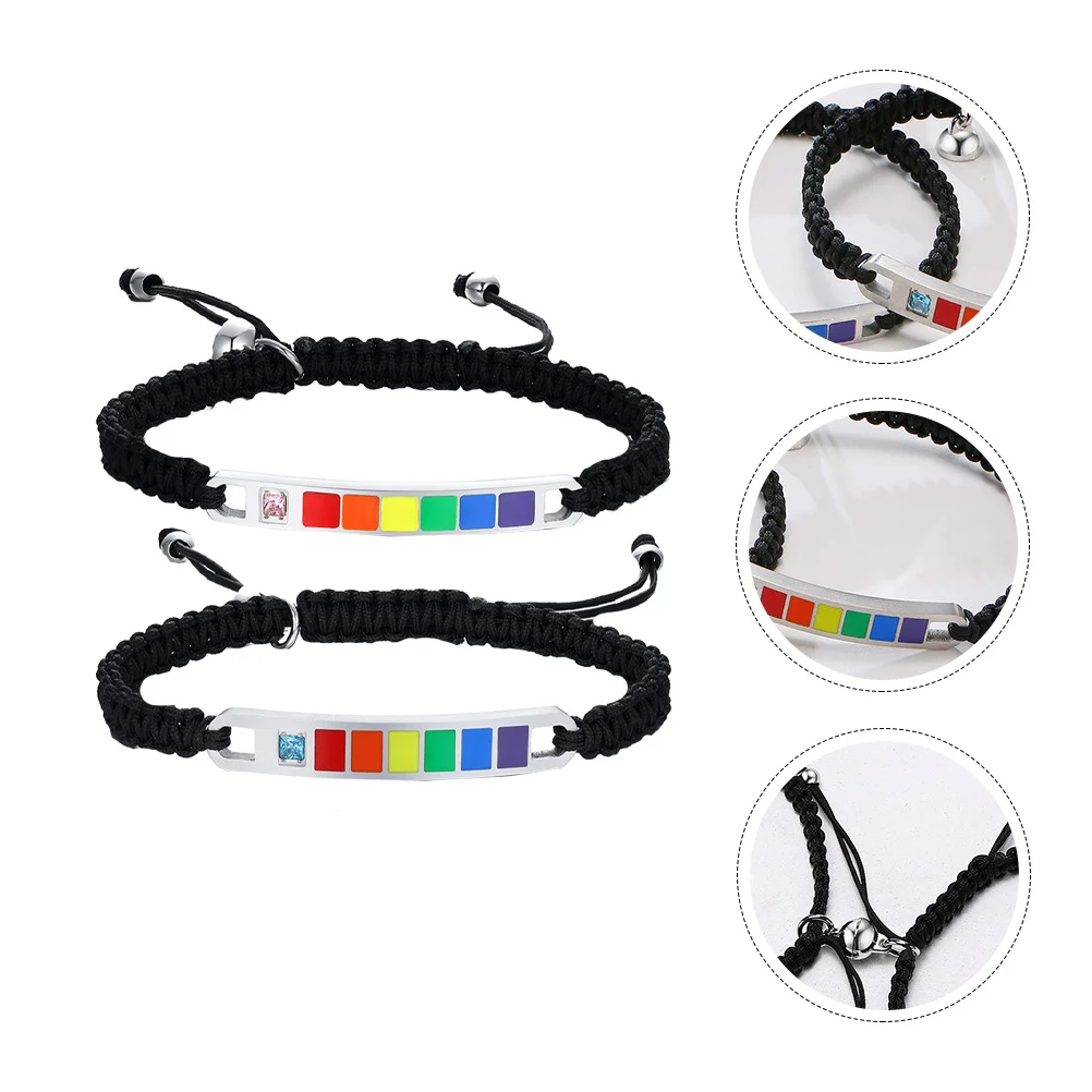 

1 Pair Titanium Steel Zircon Bracelets Adjustable Rainbow Lovers Wrist Nylon Hand Ropes Punk Vintage Style Street Shooting