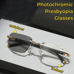 Color-changing Multifocal Presbyopia Glasses Rimless Cutting Edge Photochromic Reading Glasses Blocking Eye Protection Eyewear
