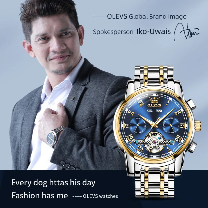 OLEVS 6607 Business Men Watches Automatic Mechanical Waterproof Stainless Steel Strap Watch for Man Skeleton Calendar Wristwatch