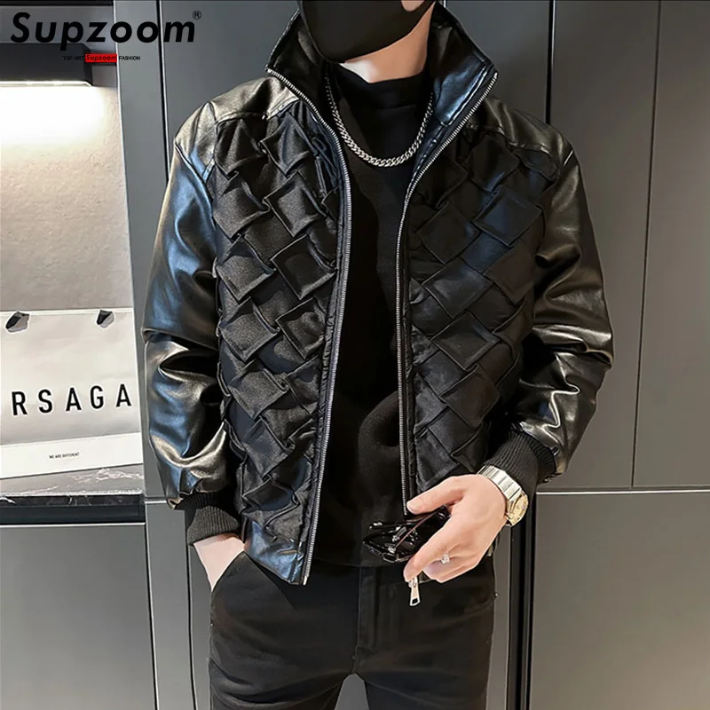 

Supzoom 2024 New Arrival Top Fashion Autumn And Winter Splicing Pu Synthetic Leather Diamond Full Black Leisure Jacket Men Coat