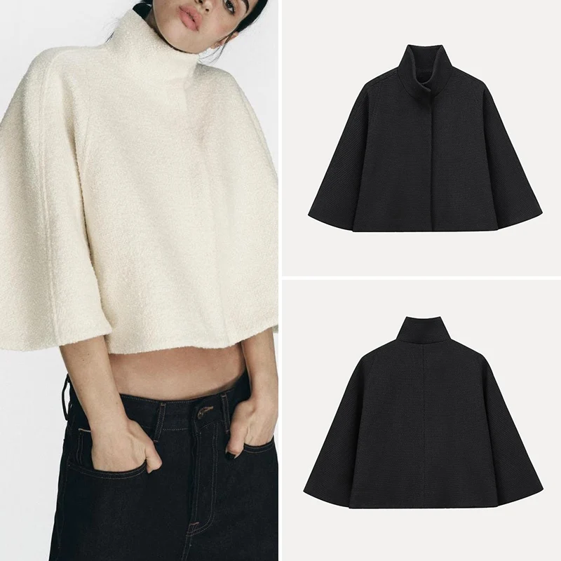 

Spring 2025 Women's Faion Mixed ort Coat Jaet Stand Collar Cowl Ne Outerwear Sweet Sle Polyester Fiber 00%