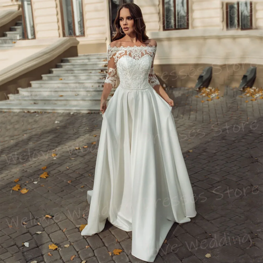 Popular A Line Women's Wedding Dresses Graceful Appliques Lace Bride Gowns Boat Neck Three Quarter Sleeve Vestidos Novias Boda