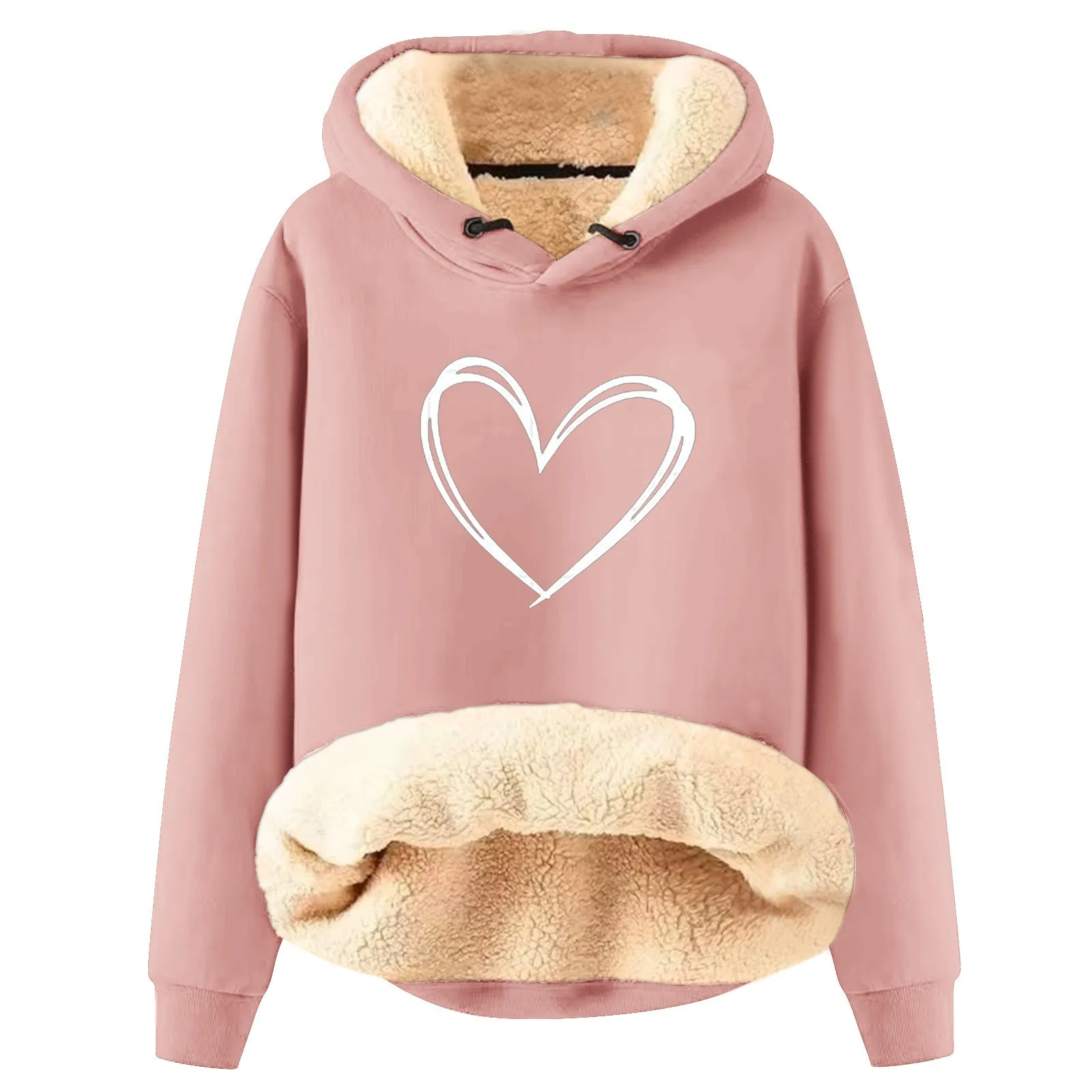 Winter Heart Print Hoodies Fleece-lined Thicken Women\'s Warm Sweatshirt Lady Casual Loose Hooded Pullover Warm Hoodie Tops