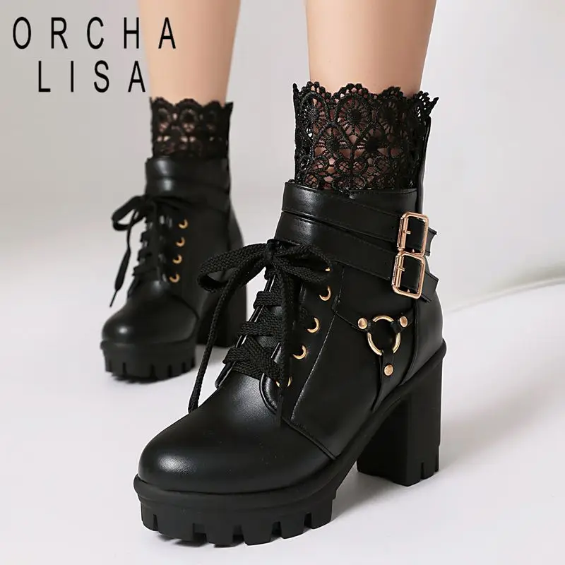 

Женские ботильоны ORCHA LISA, круглый носок, каблук 8,5 см, платформа 2,6 см, молния, шнуровка, пряжки, большие размеры до 44, зима