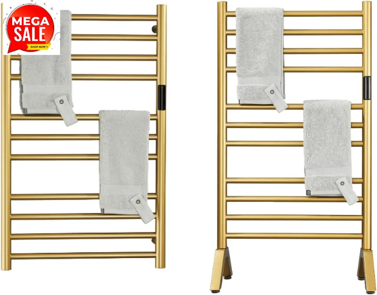Gold Electric Heated Towel Rack Freestanding Wall Mounted Stainless Steel Bathroom Drying Rail With Timer Led Indicator Plug In