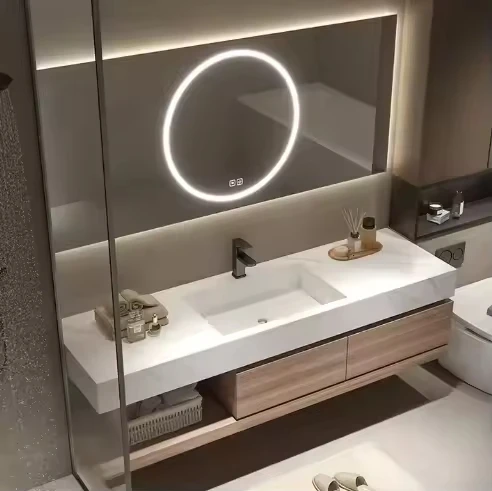 Custom Modern Simple Rock Board Wall-Mounted Luxury Australian Style Solid Wood Bathroom Vanity Cabinets LED Mirror Apartment