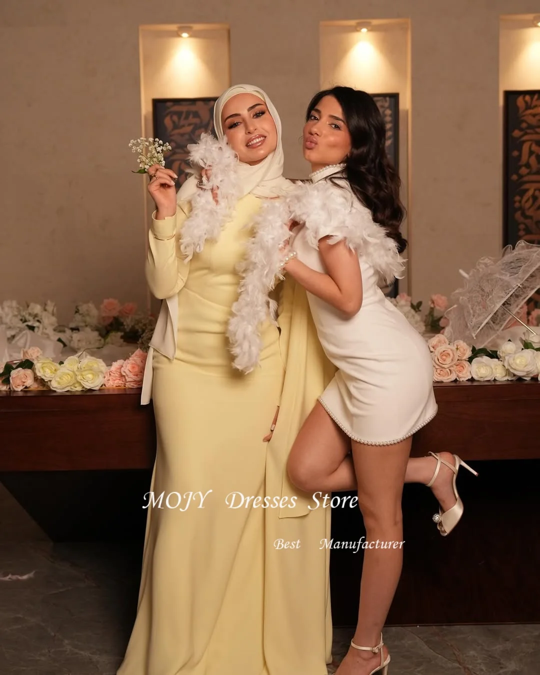 Mojy Blush Yellow Crepe Evening Dresses High Neck Full Sleeves Mermaid Formal Occasion Dress Elegant Prom Gown