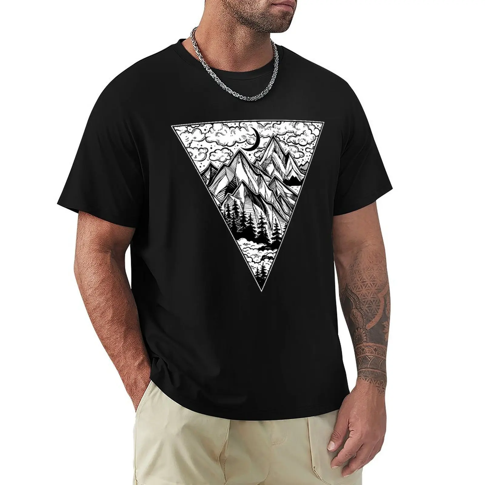 Triangle frame artwork with wilderness landscape scene with a lake, road, pine forest and mountains T-Shirt