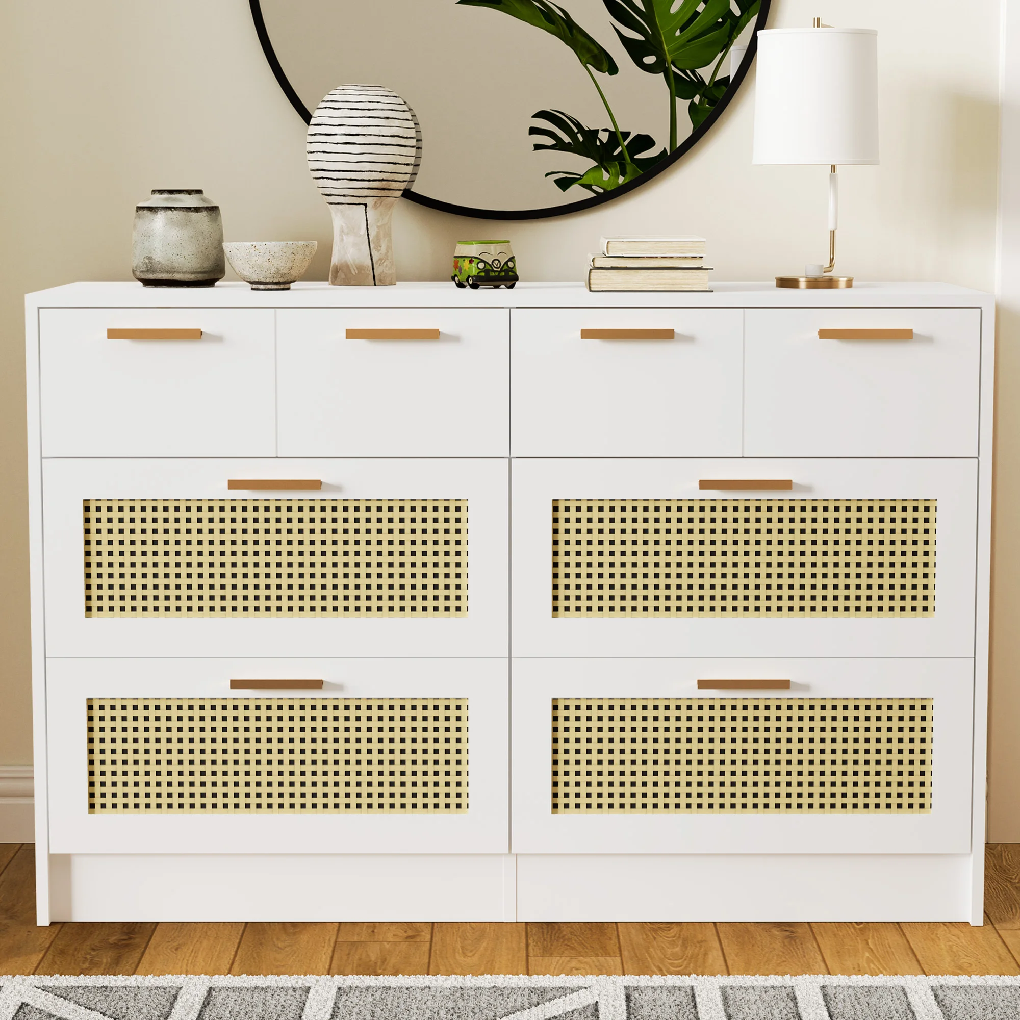 White Dresser for Bedroom, Rattan 6 Drawer Double Dresser for Bedroom, Modern Chest of Drawers with Metal Handles