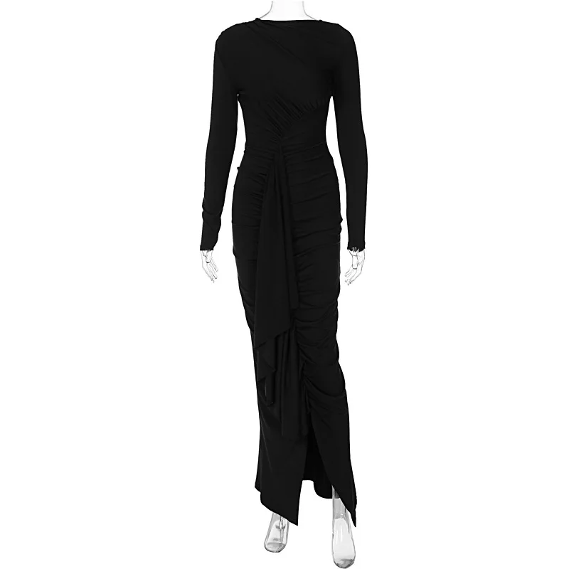 Abito lungo da donna Sexy irregolare con spacco a pieghe nero elegante abiti aderenti a sirena a maniche lunghe 2023 moda autunno inverno Robe