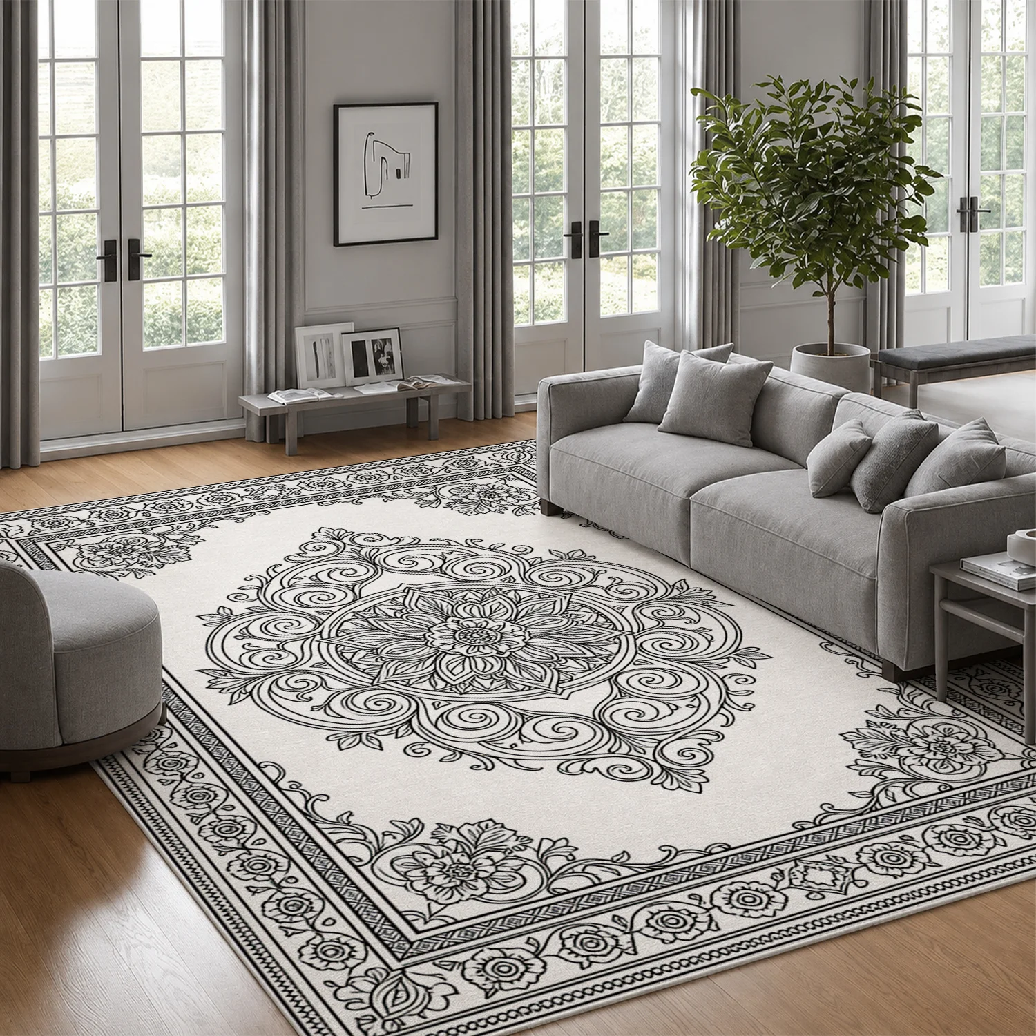 Ornate Floral Mandala Pattern Area Rug Velvet Machine Washable Soft Plush Floor Mat, Ideal for Living Room, Bedroom, Dining Room, Entryway Decor, Suitable for Halloween, Thanksgiving, Black Friday, Christmas & New Year Home Accents