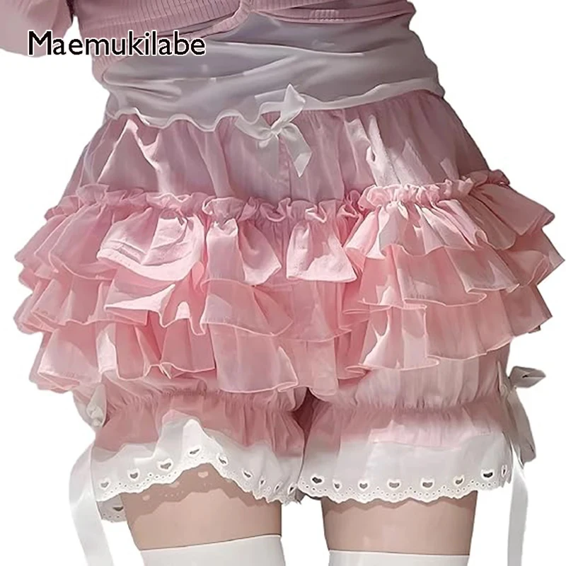 

Maemukilabe Cute Frill Shorts Ruffle Multi-layers Lace Japanese Style Lolita Kawaii Bloomers Loungewear Women Y2K Fairy Costume