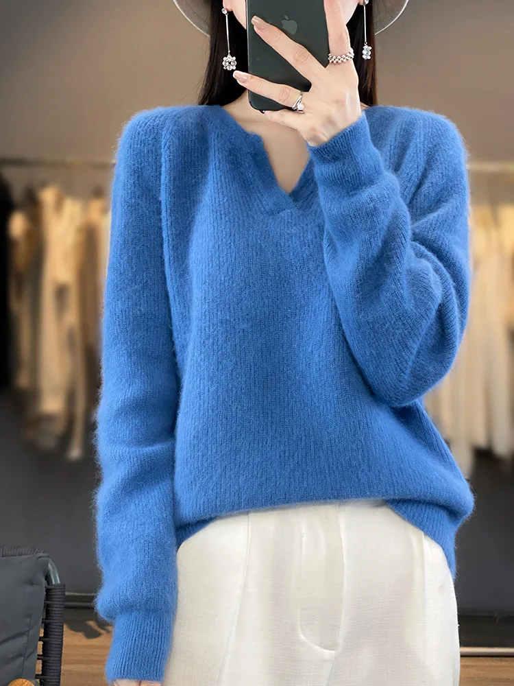 Aliselect Women\'s Super Warm 100% Mink Cashmere Sweater Thick V-Neck Pullovers High Quality Soft Tops Casual Basic Jumper Winter