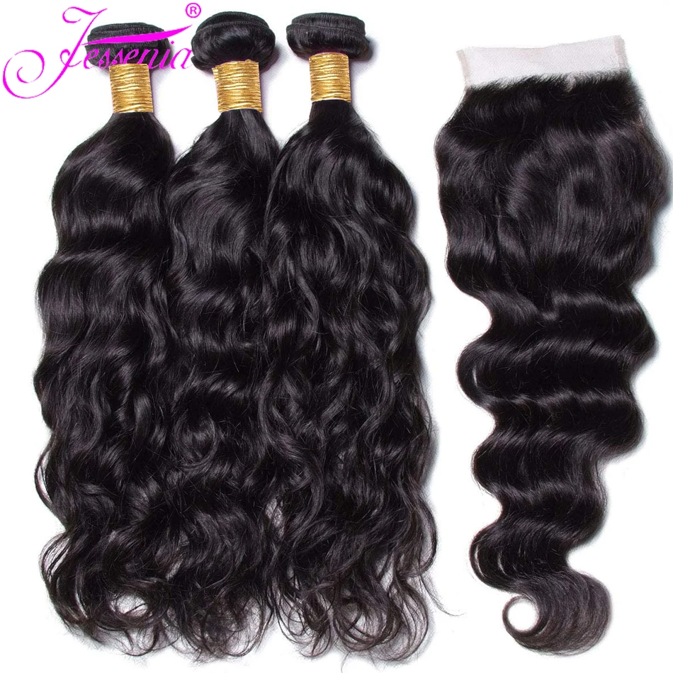 12A Natural Wave Human Hair 3/4 Bundles With Closure Brazilian Natural Water Black Bundles 100% Unprocessed Virgin Human Hair