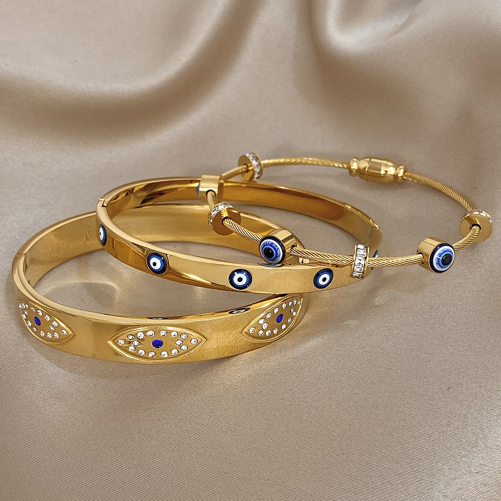 Neue Türkische Böse Augen Strass Edelstahl Manschette Armband Armreif Für Frauen Mode Vergoldet Wasserdicht Charme Schmuck – Detail 3