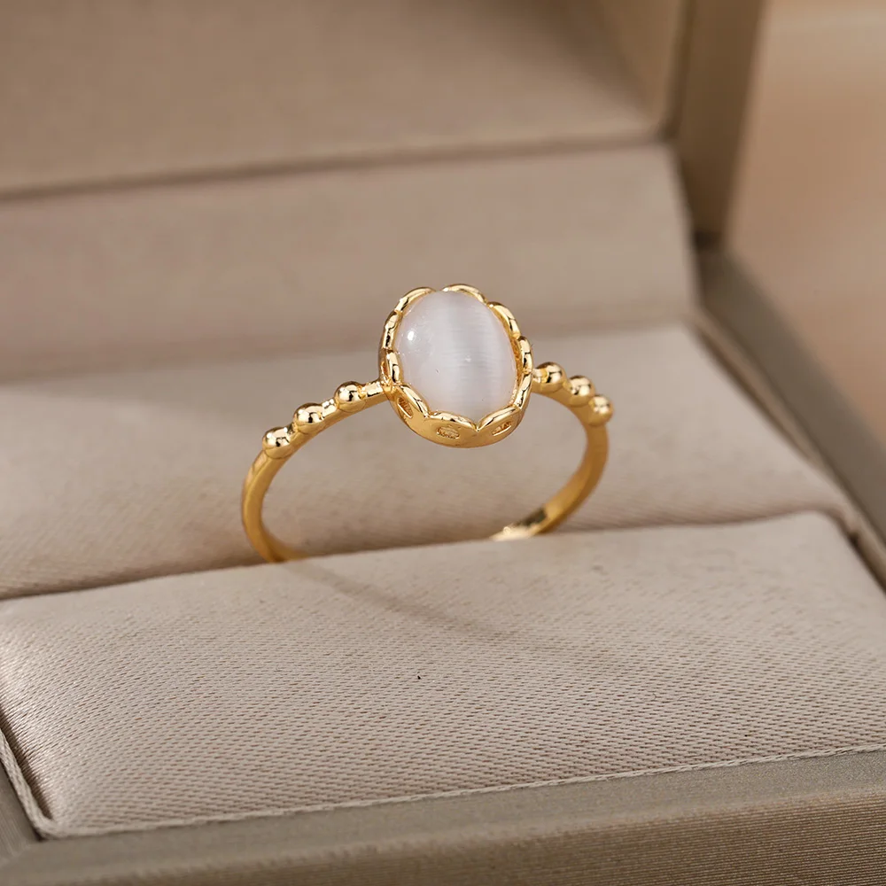 

White Opal Rings For Women Lover Gold Color Stainless Steel Female Engagement Wedding Ring Jewelry Birthday Gift 2024 Trend