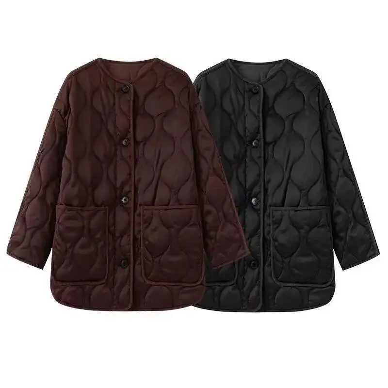 

2025 Autumn New Women's Solid Color Retro Large Pocket Round Neck Long Sleeve Loose Quilted Cotton Jacket Coat