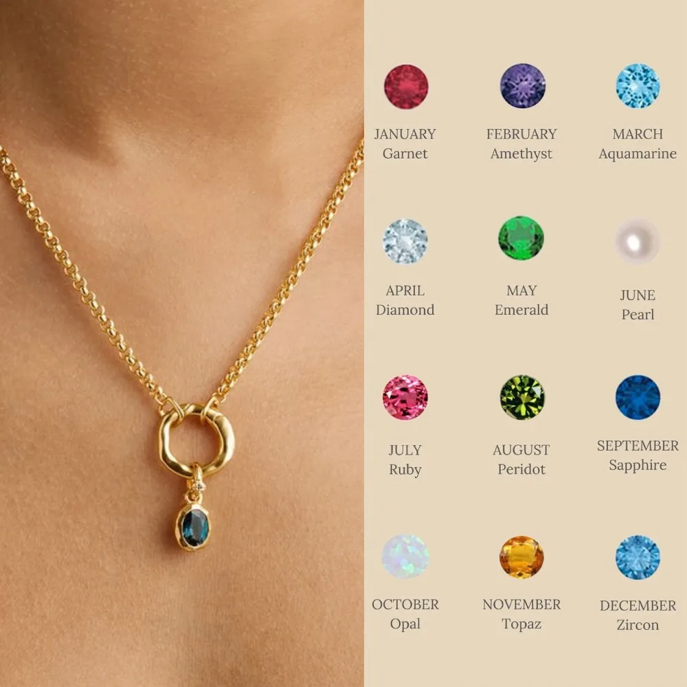 

Personalized Birthstone Charm Necklace, Gold Plated Removable Gemstone Pendant Dainty Chain Custom Birthday Daily Jewelry Gift