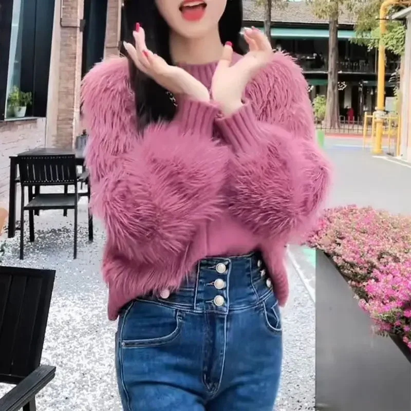 Long Sleeve Mid-Length Knitwear Autumn Winter New Arrival Elegant Commu Fashionable Patchwork Plush Sweater Women's Loose Fit