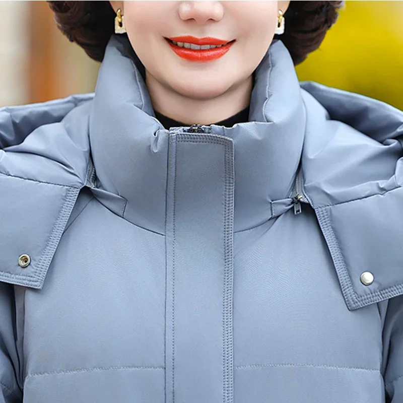 Middle Age Women Winter Long Down Jackets Vintage Prakas Hooded Elegant Thick Warm White Duck Down Coats Woman Outerwears