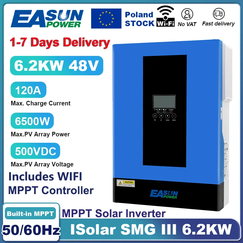EASUN 6.2KW 3.2KW Hybrid Solar Inverter 12V 24V 48V Built-in MPPT 120A Solar Charger PV Input 500VOff-grid Inverter With WIFI BMS EU STORE