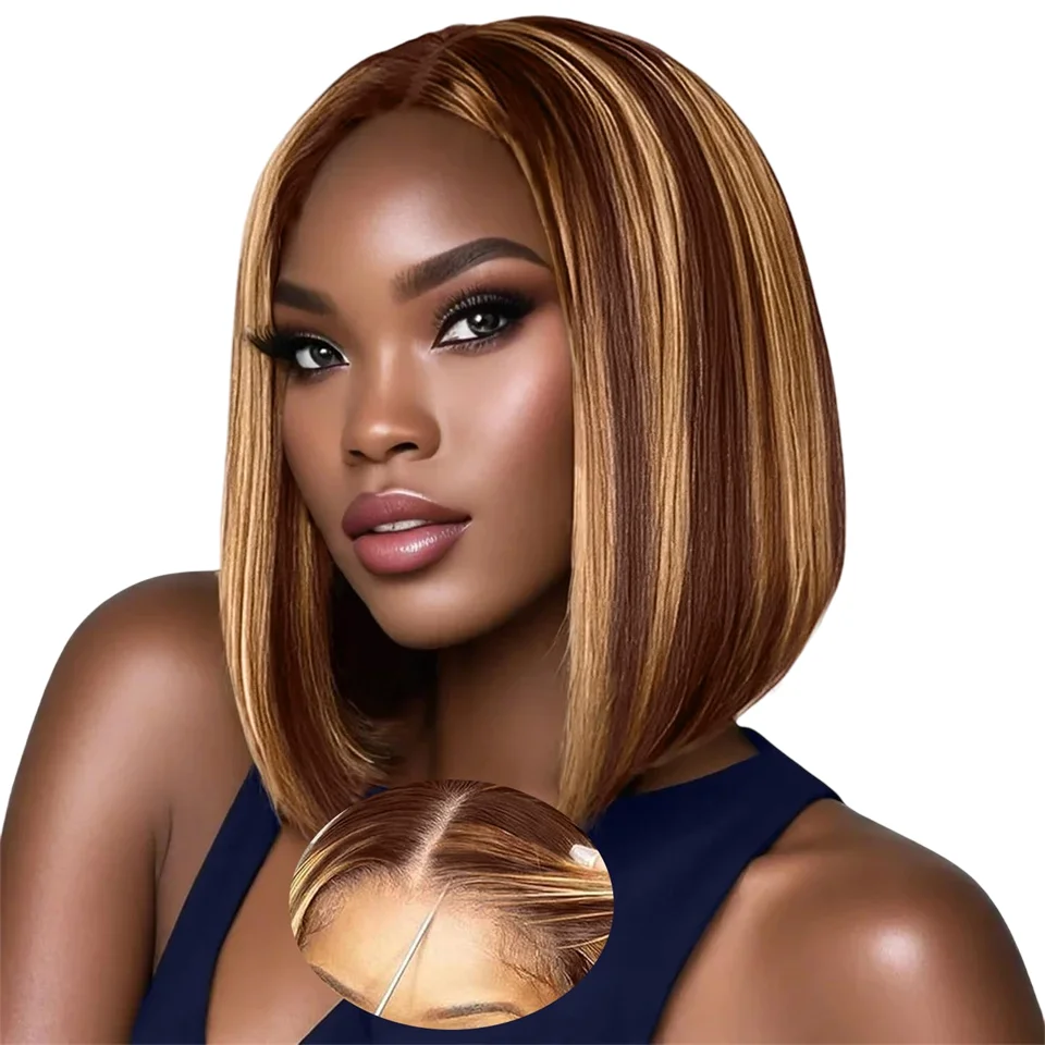 

Straight Highlight Bob Wigs Human Hair Preplucked 5x5 HD Pre Cut Wear And Go Straight Bob Glueless Wigs Human Hair Ready To Wear