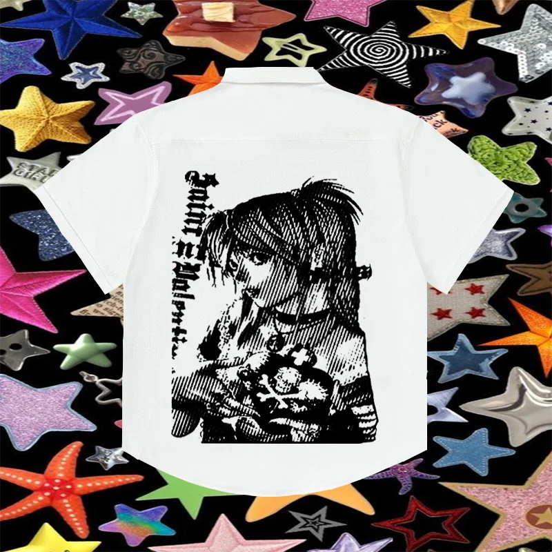 

Retro 2000s pattern Shirt Summer Vintage Gothic Tops Letter printed Y2K Streetwear Ribbed Harajuku Punk Grunge Short Sleeve