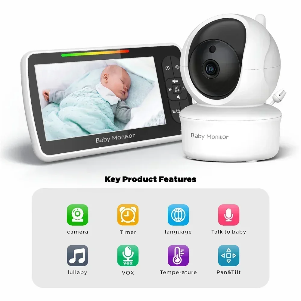 New 5-Inch Wireless Video Color Baby Monitor Indoor Security Camera Night Vision Security Baby Monitor Two-Way Talk Bbaby Camera