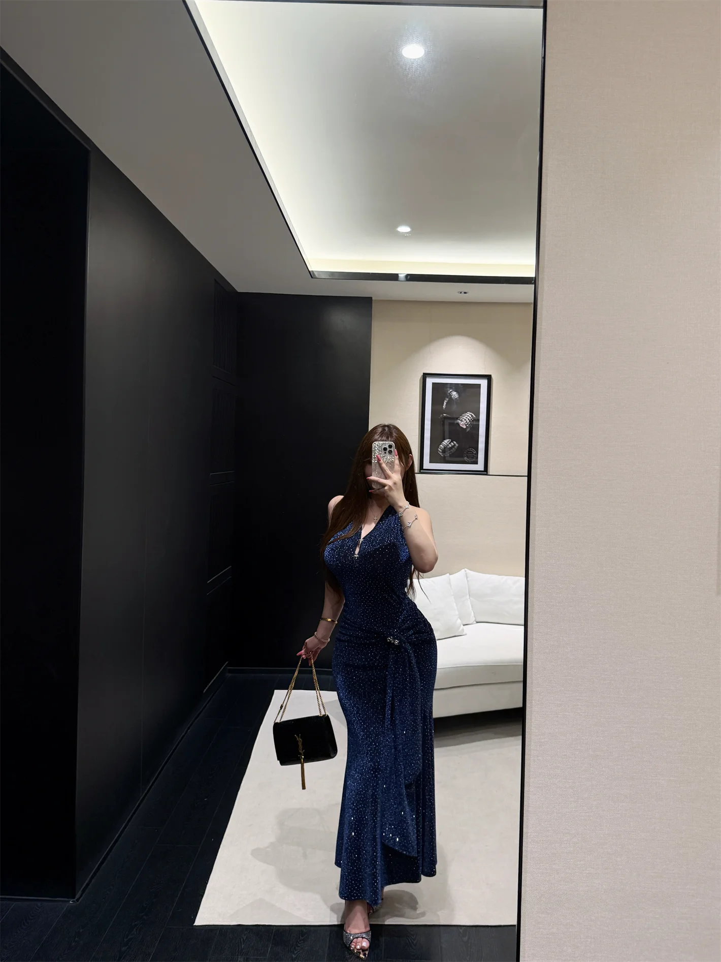 

Dark Night High Elasticity Necklace Drill Dress Sexy Slim Fit Polyester Spandex Long Skirt No Sleeve Neck Hanging