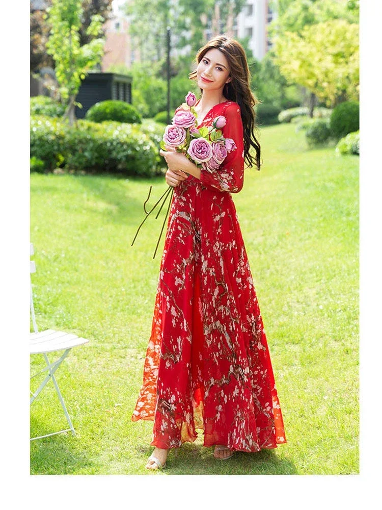 Dresses for Women 2024 Robe Tunics Floral Dress Ropa Mujer Boho Elegant Spring Clothes Chic Maxi Party Chiffon Vestidos E202