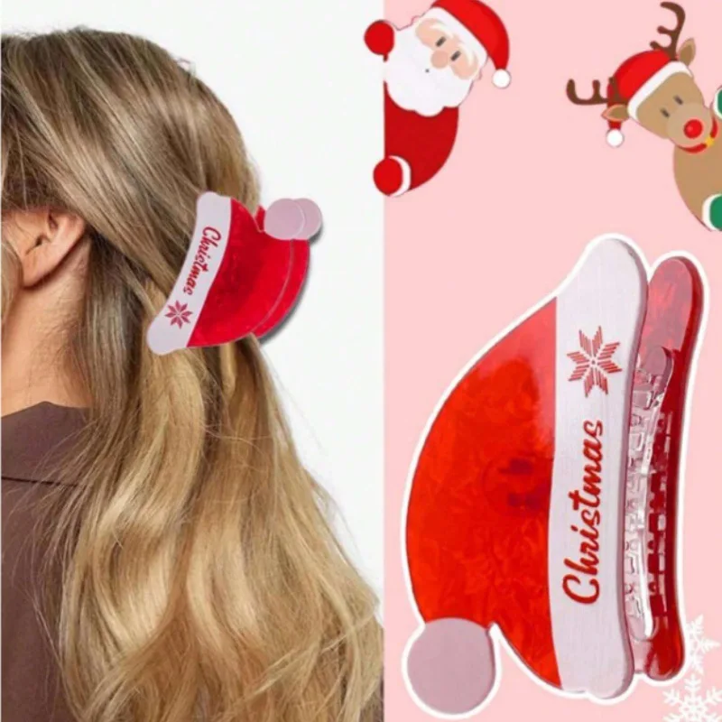 Schattige Kerstmuts Haarclips Acryl Rode Groene Kleuren Hoed Haarklauw Clip Voor Vrouwen Festival Haai Clip Cartoon Haar Accessoires