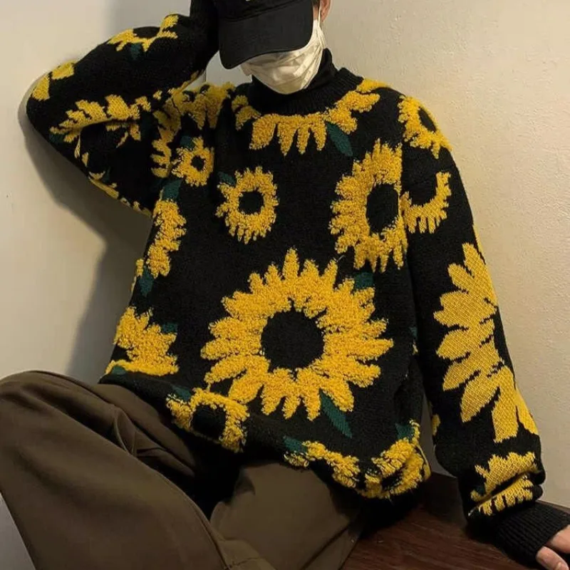 Men Sunflower Jacquard Knit Sweater Crew Neck Loose Long Sleeve Casual Pullover Tops
