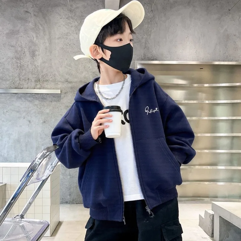 

2025 New Boys Zip-Up Hooded Fleece-Lined Baseball Jacket Autumn Winter Coat Medium Large Kids Outdoor Sportswear