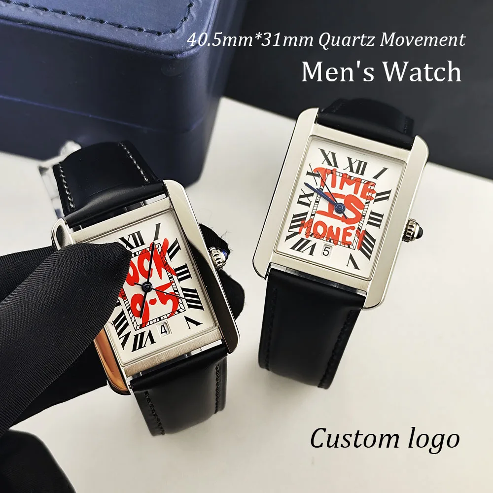 NEW Men's Watch Time is Money Watch Men's Watch 9-5 Customized Logo Watch Black Leather Strap Stainless Steel Case Watch
