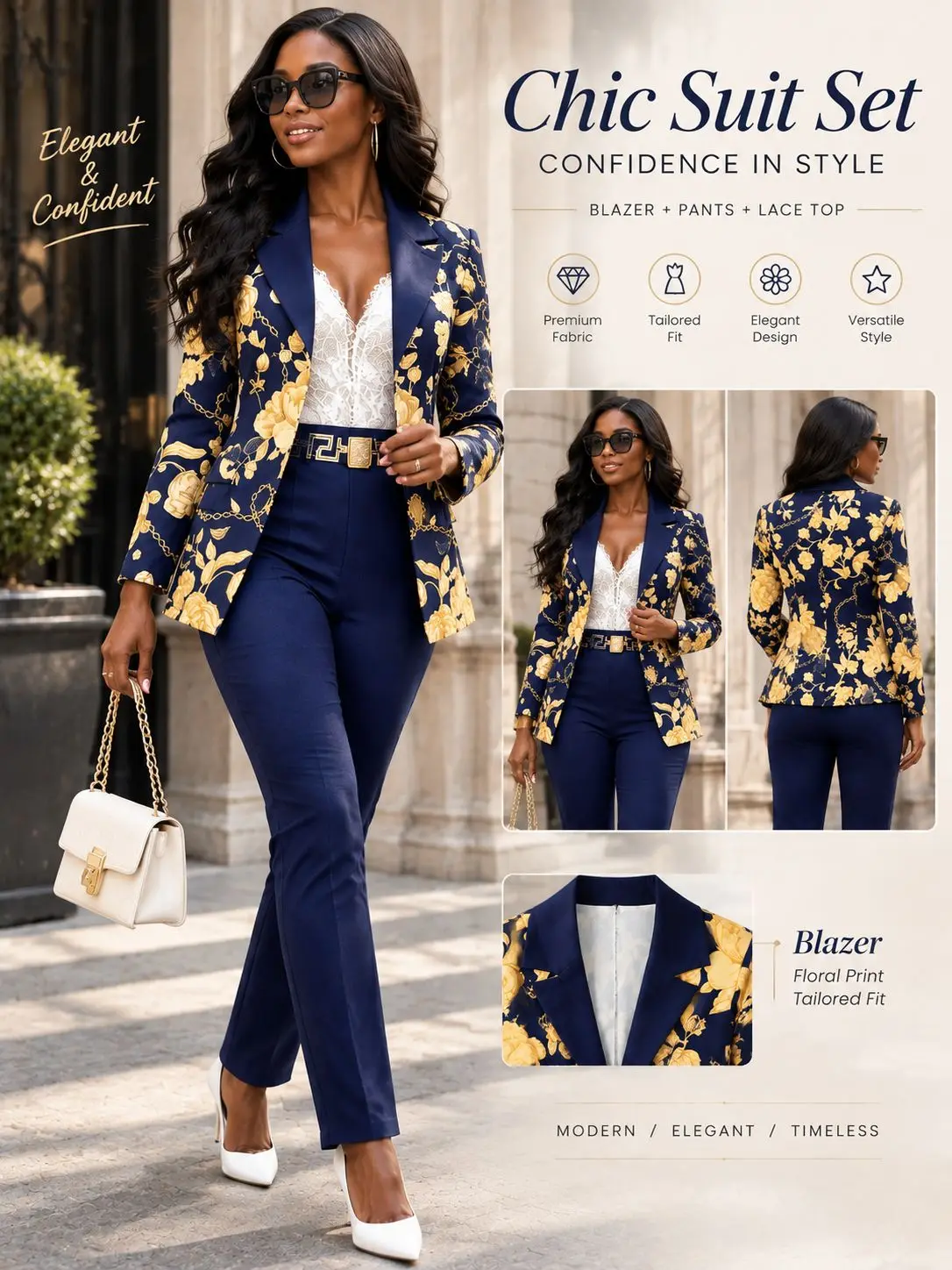 Women Floral Print Blazer and Pants Two Piece Suit Lapel Tailored Jacket High Waist Solid Trousers Elegant Business Office Matching Outfit