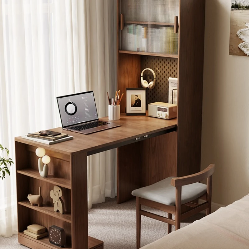 Folding desk bookcase integrated, solid wood corner home study table, small apartment study office 2